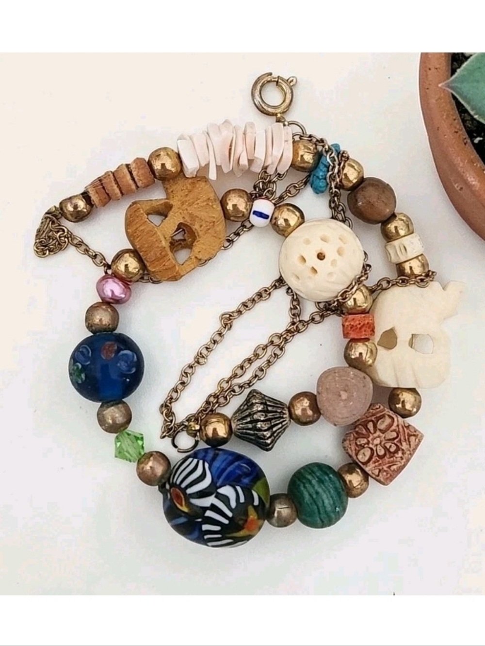 Vintage Boho Mixed Bead Necklace Carved Elephant Art Glass Lampwork Wood Tribal